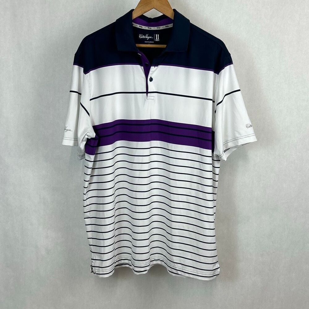 Walter Hagen Polo Golf Shirt Sz XL White Purple Stripe Performance Short Sleeve